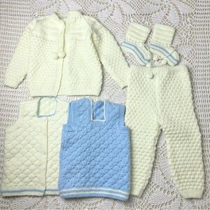 Vintage Hand Knit Boys 2t Blue Cream Cardigan Vest Pants Outfit Set